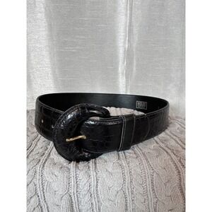 Vintage Black Croc Embossed Genuine Leather Belt Women's S Wide Gold Buckl Italy